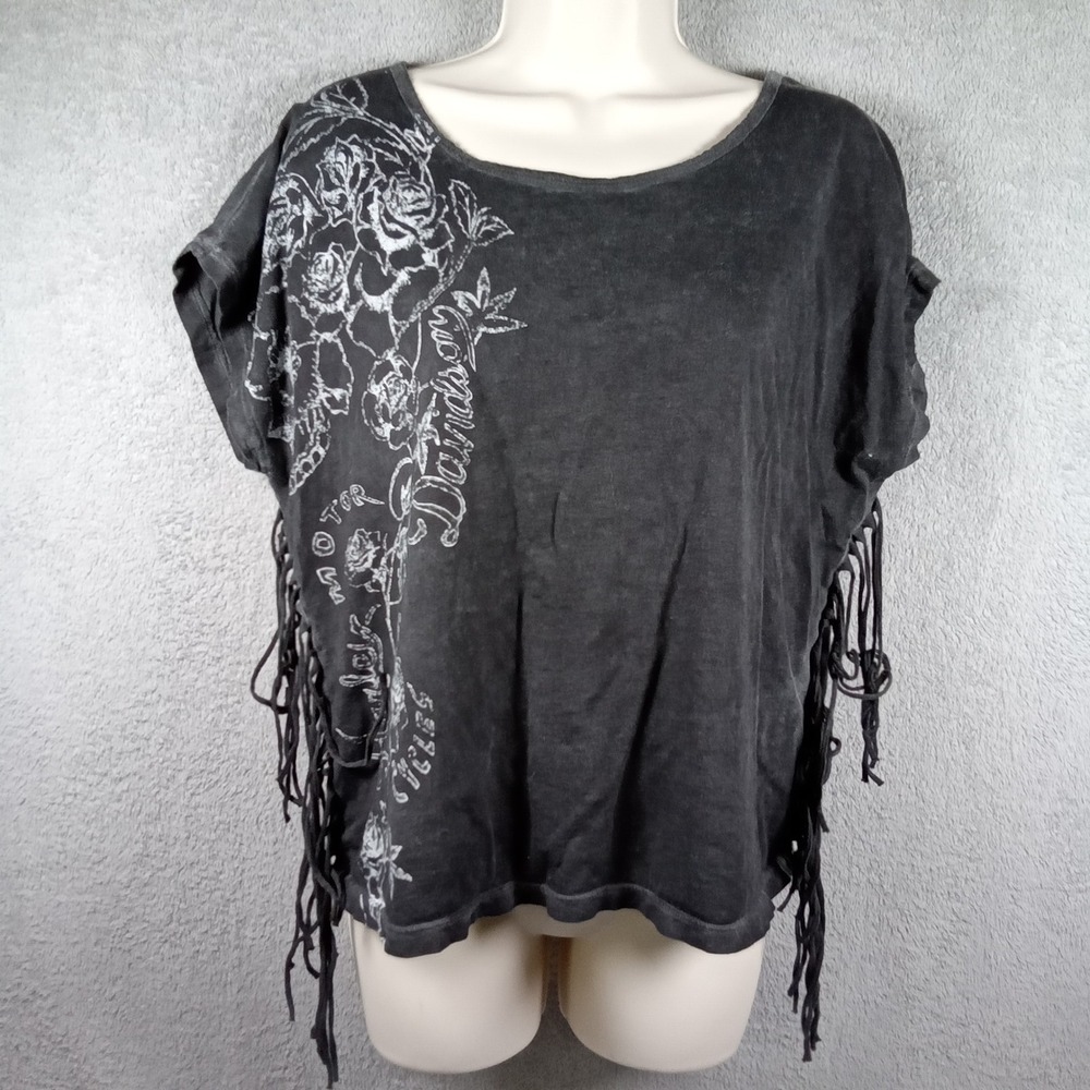 Harley Davidson Womens Washed Black Rose Graphic Side Fringe T-Shirt Size M